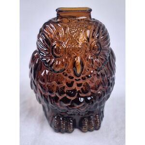 Vintage Wise Old Owl Amber Glass Bank Made in Canada Collectible Figurine